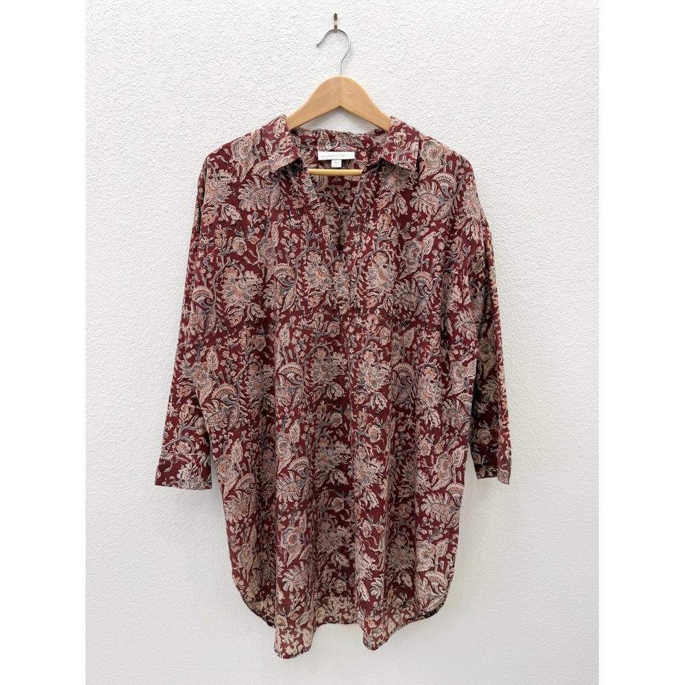 Pure Jill J. Jill Block Print Paisley Organic Cotton Tunic Top 3/4 Sleeve Large